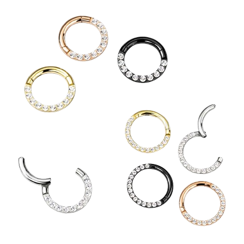 High Quality Precision All 316L Surgical Steel Hinged Segment Hoop Rings with CNC Set Front Facing CZ Paved Tongue Rings Impulse Piercings