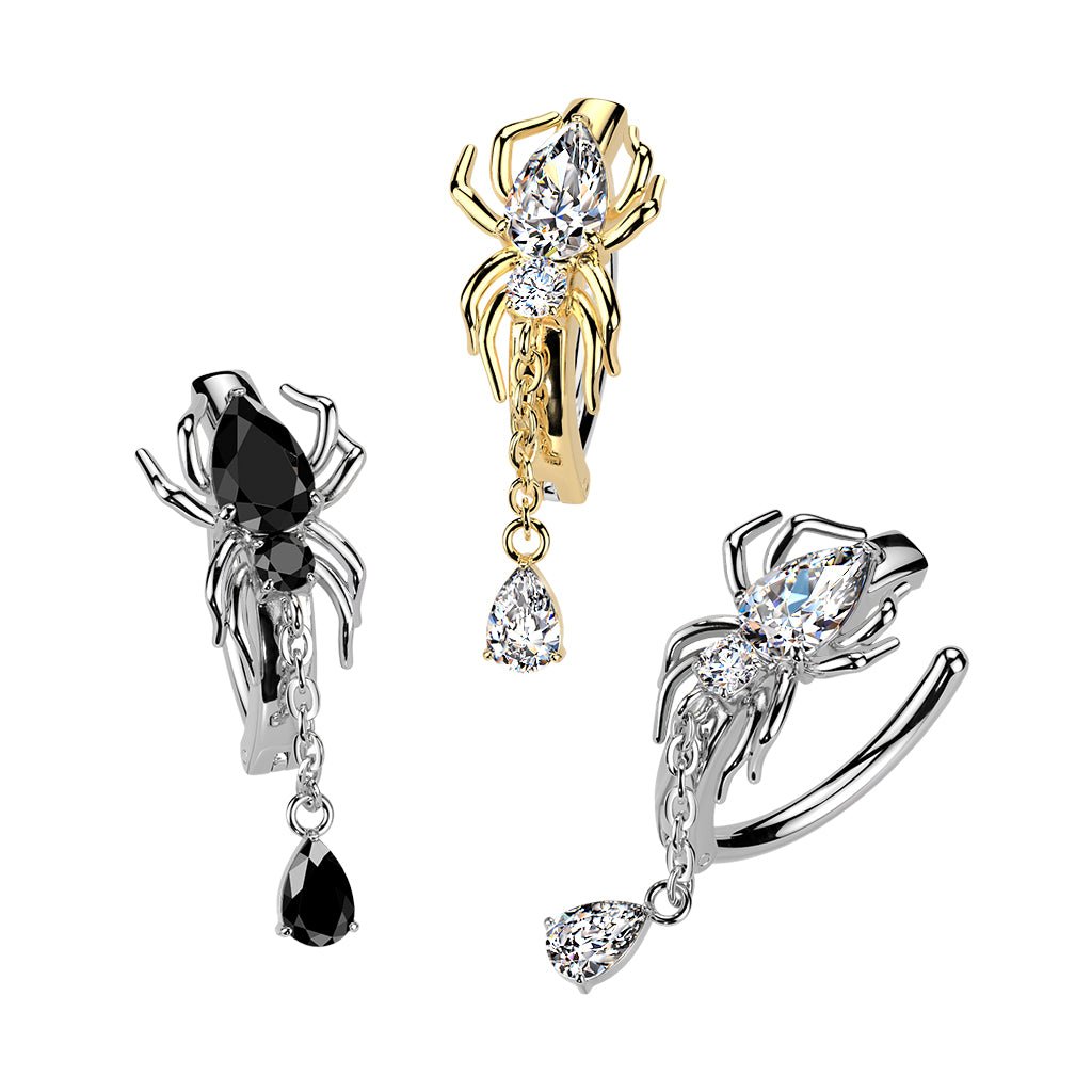PVD Hinged CZ Spider Belly Button Ring with Teardrop Dangle — 316L Surgical Steel