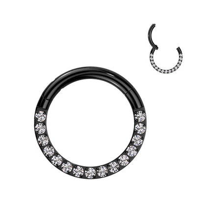 Implant Grade Titanium Hinged Segment Hoop Ring With Forward Facing Pave CNC Set CZ Hoop Ring Impulse Piercings 1/4" (6mm) Black