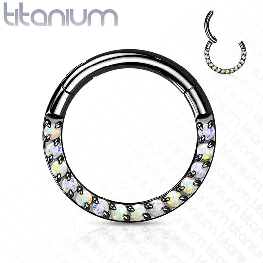 Implant Grade Titanium Hinged Segment Hoop Ring With Forward Facing Pave Opal Front Labret Impulse Piercings