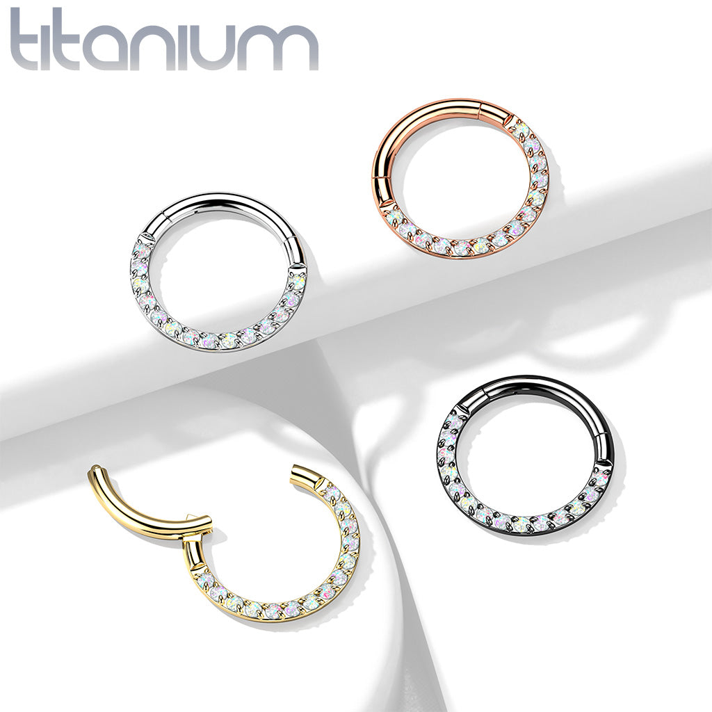 Implant Grade Titanium Hinged Segment Hoop Ring With Forward Facing Pave Opal Front Labret Impulse Piercings