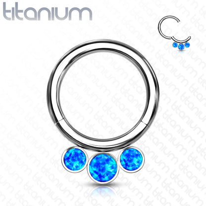 Implant Grade Titanium Hinged Segment Hoop Ring With 3 Bezel Set Forward Facing Opals Hoop Ring Impulse Piercings