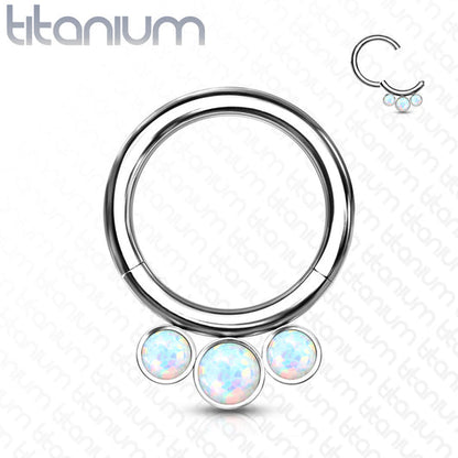 Implant Grade Titanium Hinged Segment Hoop Ring With 3 Bezel Set Forward Facing Opals Hoop Ring Impulse Piercings 5/16" (8mm) Opal White