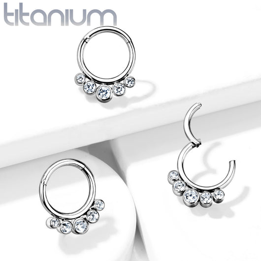 Implant Grade Titanium Hinged Segment Hoop Ring With 5 Bezel Set Forward Facing Crystals Hoop Ring Impulse Piercings