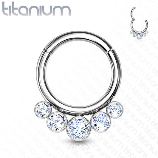 Implant Grade Titanium Hinged Segment Hoop Ring With 5 Bezel Set Forward Facing Crystals Hoop Ring Impulse Piercings