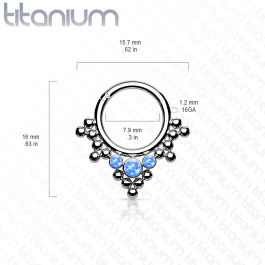 Implant Grade Titanium Hinged Segment Hoop Ring With 3 Bezel Set Opals and Clustered Tribal Beads Hoop Ring Impulse Piercings