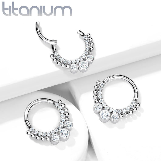 Implant Grade Titanium Hinged Segment Hoop Ring With CNC Set Pave CZ Lined Front and 3 Bezel Set CZs Cartilage Impulse Piercings