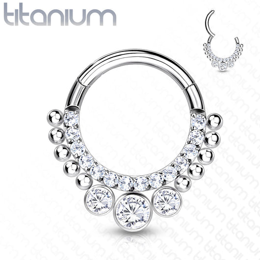 Implant Grade Titanium Hinged Segment Hoop Ring With CNC Set Pave CZ Lined Front and 3 Bezel Set CZs Cartilage Impulse Piercings