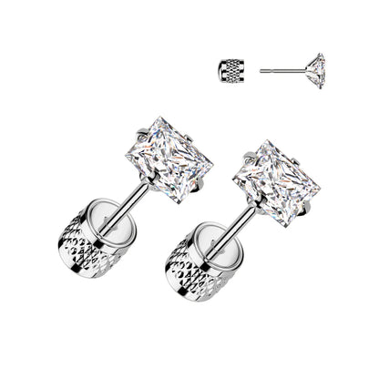 Pair of Square Prong Set Clear CZ Top 316L Surgical Steel Earrings With Cylinder Clip Backing Earrings Skin Metals