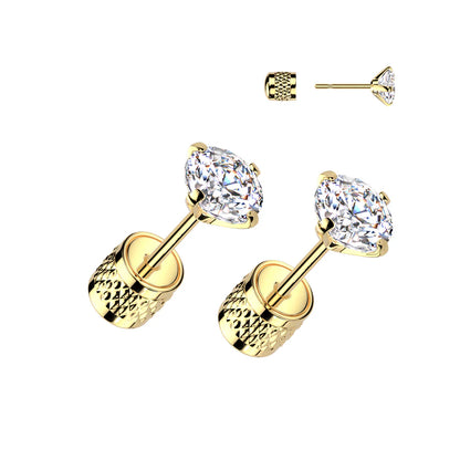 Pair of Round Prong Set Clear CZ Top 316L Surgical Steel Earrings With Cylinder Clip Backing Earrings Skin Metals