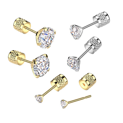 Pair of Round Prong Set Clear CZ Top 316L Surgical Steel Earrings With Cylinder Clip Backing Earrings Skin Metals