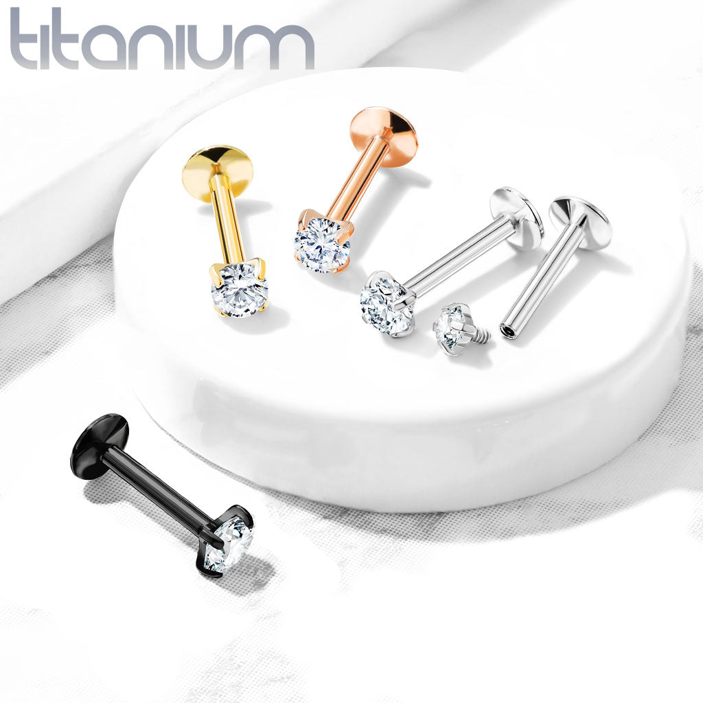 Implant Grade Titanium Internally Threaded Prong Set Round CZ Labret Labret Impulse Piercings