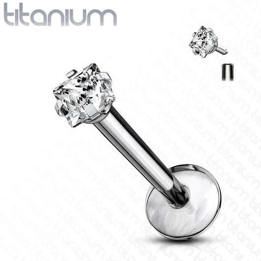 Implant Grade Titanium Internally Threaded Prong Set Square CZ Labret Labret Impulse Piercings