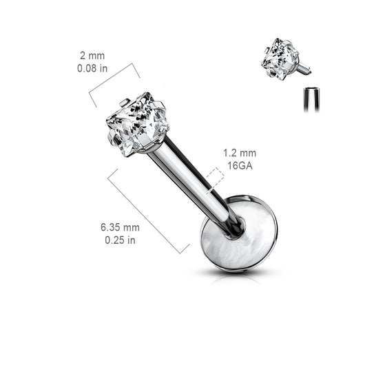 Implant Grade Titanium Internally Threaded Prong Set Square CZ Labret Labret Impulse Piercings