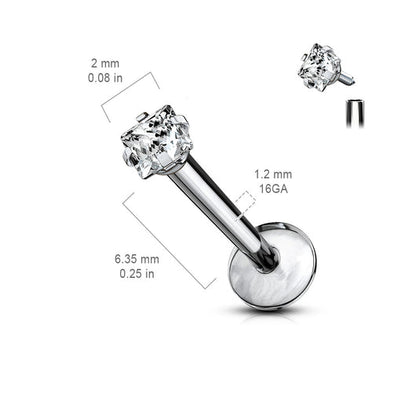 Implant Grade Titanium Internally Threaded Prong Set Square CZ Labret Labret Impulse Piercings