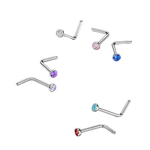 Implant Grade Titanium L Bend Nose Stud With Micro Press Fit Jewel Nose Ring Skin Metals