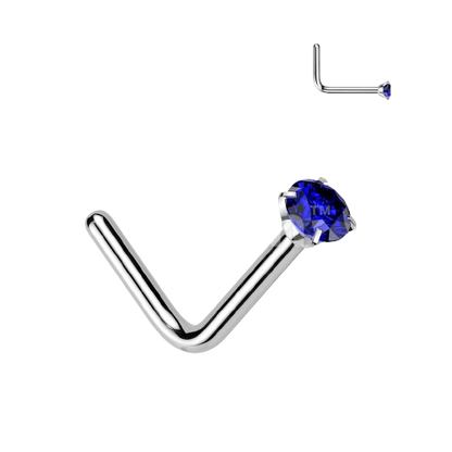 Implant Grade Titanium L Bend Nose Stud With Round Prong Set CZ Nose Ring Skin Metals