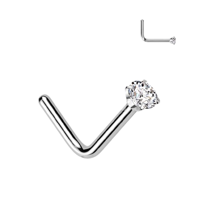 Implant Grade Titanium L Bend Nose Stud With Round Prong Set CZ Nose Ring Skin Metals