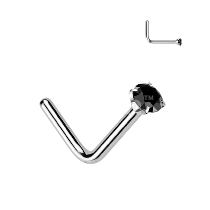 Implant Grade Titanium L Bend Nose Stud With Round Prong Set CZ Nose Ring Skin Metals