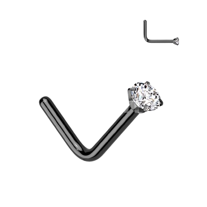Implant Grade Titanium L Bend Nose Stud With Round Prong Set CZ Nose Ring Skin Metals