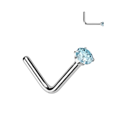 Implant Grade Titanium L Bend Nose Stud With Round Prong Set CZ Nose Ring Skin Metals