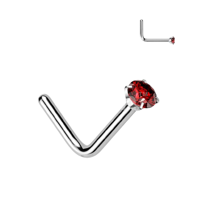 Implant Grade Titanium L Bend Nose Stud With Round Prong Set CZ Nose Ring Skin Metals