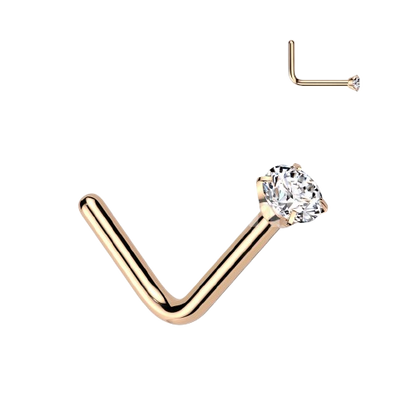 Implant Grade Titanium L Bend Nose Stud With Round Prong Set CZ Nose Ring Skin Metals