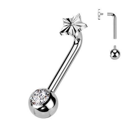 Implant Grade Titanium Internally Threaded L Bent Christina Piercing Jewelry With Star Diamond Cut Top and Pressed Fit Gem End Barbell Impulse Piercings