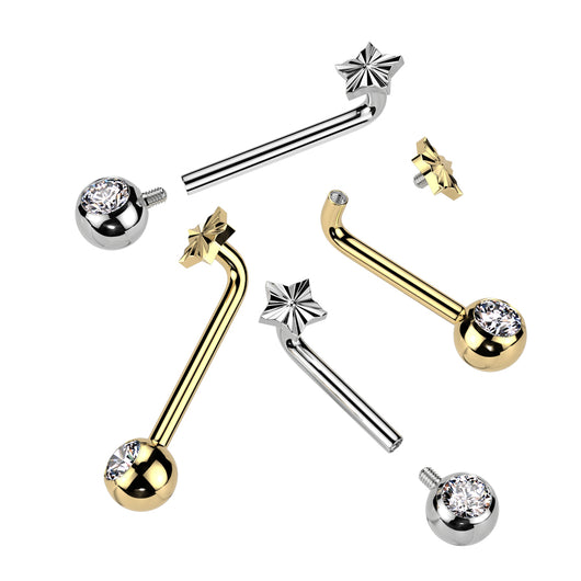 Implant Grade Titanium Internally Threaded L Bent Christina Piercing Jewelry With Star Diamond Cut Top and Pressed Fit Gem End Barbell Impulse Piercings