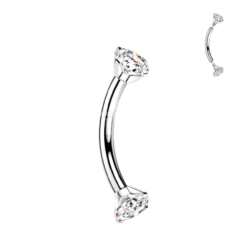 Implant Grade Titanium Internally Threaded Curved Barbell With Prong Set CZ Ends Barbell Skin Metals