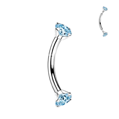 Implant Grade Titanium Internally Threaded Curved Barbell With Prong Set CZ Ends Barbell Skin Metals
