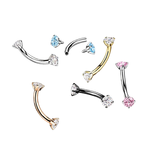 Implant Grade Titanium Internally Threaded Curved Barbell With Prong Set CZ Ends Barbell Skin Metals