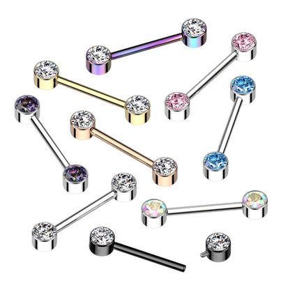 Implant Grade Titanium Internally Threaded Nipple Barbell With Bezel Set CZ Ends Nipple Barbell Skin Metals