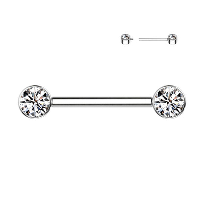 Implant Grade Titanium Internally Threaded Nipple Barbell With Bezel Set CZ Ends Nipple Barbell Skin Metals