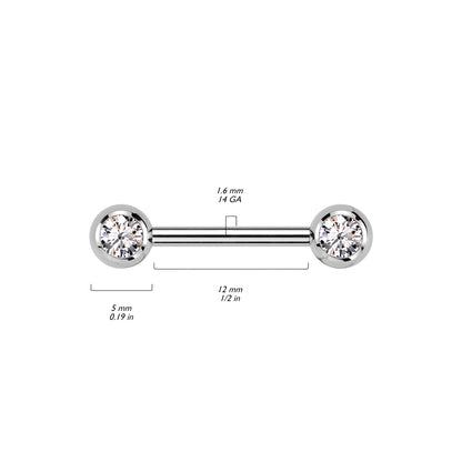 Implant Grade Titanium Internally Threaded Nipple Barbell With Pressed Fit CZ Set Ball Ends Nipple Barbell Skin Metals