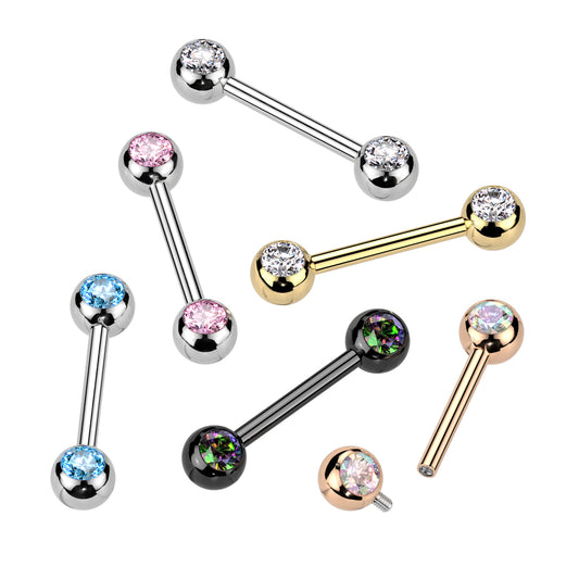 Implant Grade Titanium Internally Threaded Nipple Barbell With Pressed Fit CZ Set Ball Ends Nipple Barbell Skin Metals