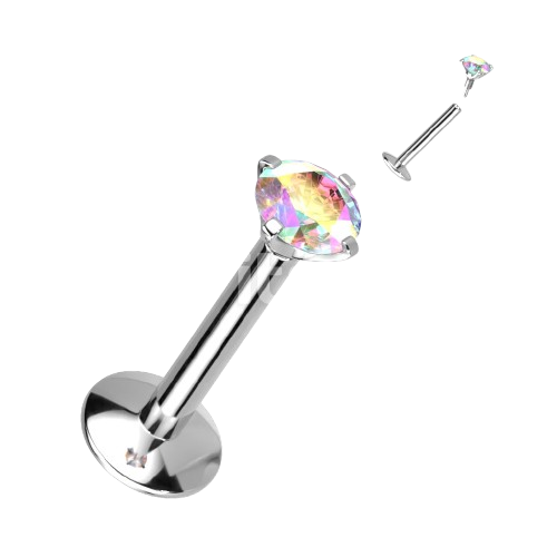 Implant Grade Titanium Internally Threaded 4mm Convex Base Labret With Prong Set CZ Extended Thread Top Labret Skin Metals
