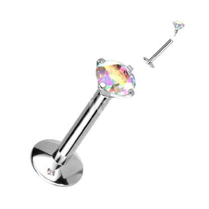 Implant Grade Titanium Internally Threaded 4mm Convex Base Labret With Prong Set CZ Extended Thread Top Labret Skin Metals
