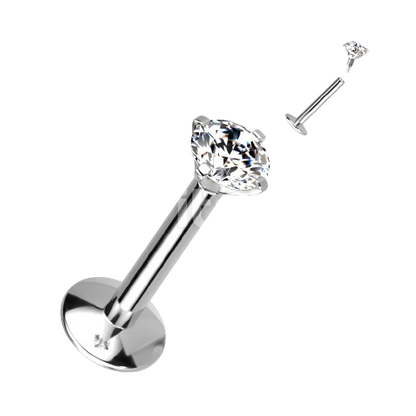 Implant Grade Titanium Internally Threaded 4mm Convex Base Labret With Prong Set CZ Extended Thread Top Labret Skin Metals