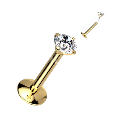 Implant Grade Titanium Internally Threaded 4mm Convex Base Labret With Prong Set CZ Extended Thread Top Labret Skin Metals