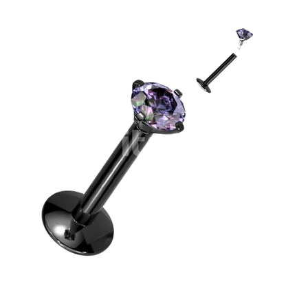 Implant Grade Titanium Internally Threaded 4mm Convex Base Labret With Prong Set CZ Extended Thread Top Labret Skin Metals