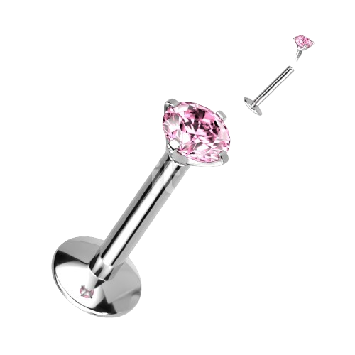 Implant Grade Titanium Internally Threaded 4mm Convex Base Labret With Prong Set CZ Extended Thread Top Labret Skin Metals