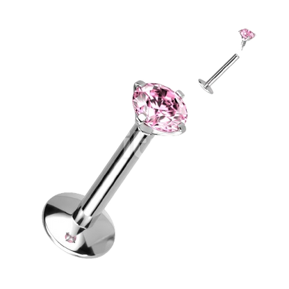 Implant Grade Titanium Internally Threaded 4mm Convex Base Labret With Prong Set CZ Extended Thread Top Labret Skin Metals