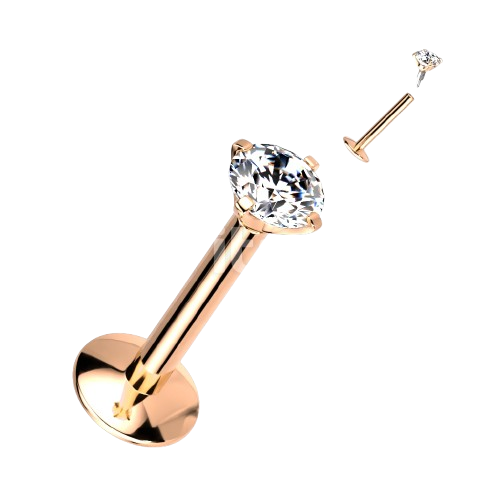 Implant Grade Titanium Internally Threaded 4mm Convex Base Labret With Prong Set CZ Extended Thread Top Labret Skin Metals