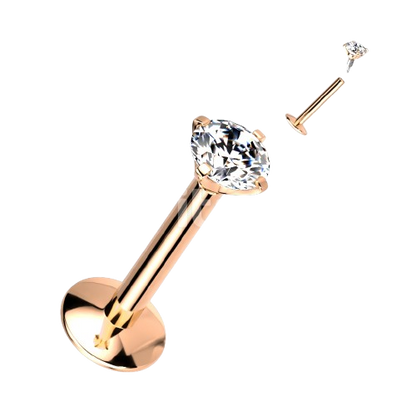 Implant Grade Titanium Internally Threaded 4mm Convex Base Labret With Prong Set CZ Extended Thread Top Labret Skin Metals