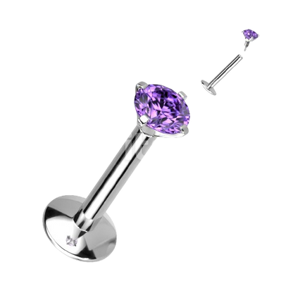 Implant Grade Titanium Internally Threaded 4mm Convex Base Labret With Prong Set CZ Extended Thread Top Labret Skin Metals
