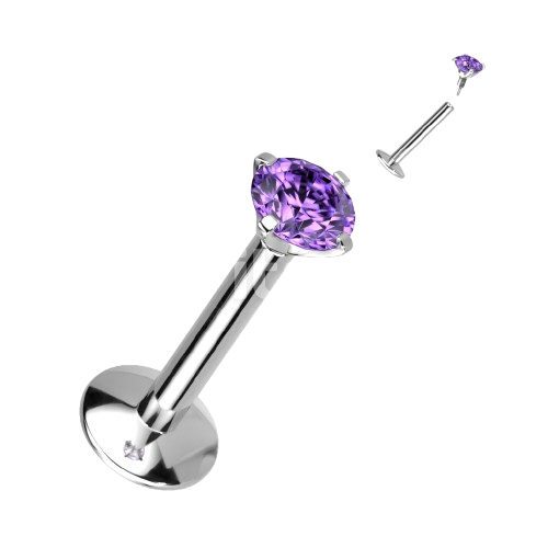Implant Grade Titanium Internally Threaded 4mm Convex Base Labret With Prong Set CZ Extended Thread Top Labret Skin Metals