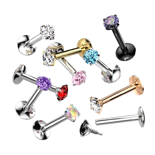Implant Grade Titanium Internally Threaded 4mm Convex Base Labret With Prong Set CZ Extended Thread Top Labret Skin Metals