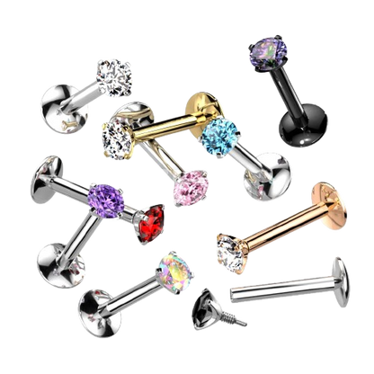 Implant Grade Titanium Internally Threaded 4mm Convex Base Labret With Prong Set CZ Extended Thread Top Labret Skin Metals