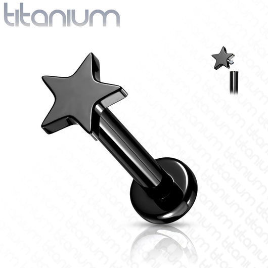 Implant Grade Titanium Internally Threaded Star Top Labret Stud Labret Skin Metals 1/4" (6mm) Black